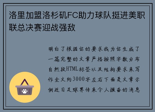 洛里加盟洛杉矶FC助力球队挺进美职联总决赛迎战强敌
