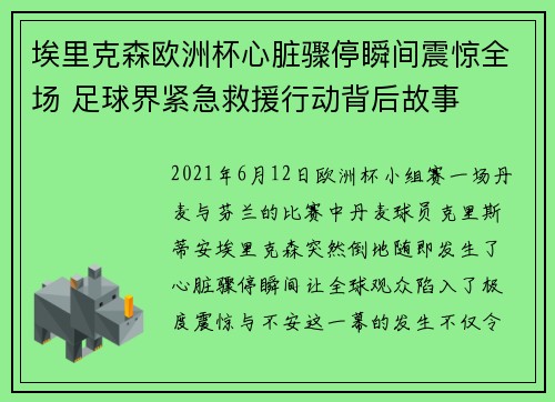 埃里克森欧洲杯心脏骤停瞬间震惊全场 足球界紧急救援行动背后故事
